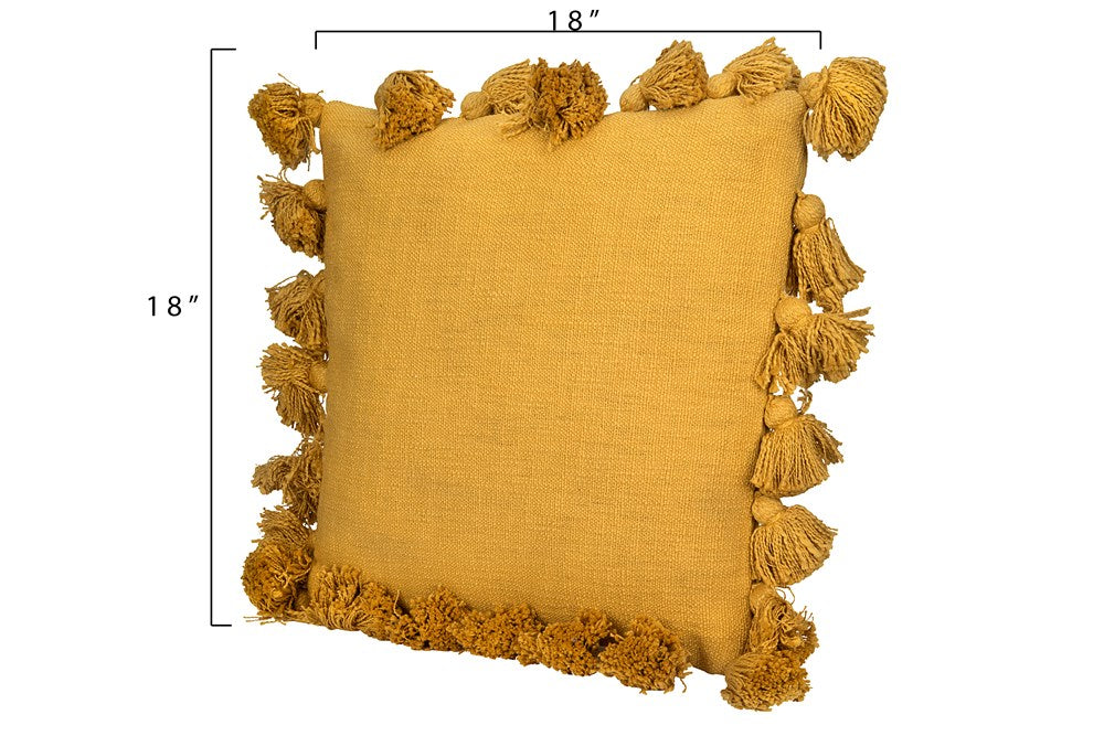 DF0666   18" Square Cotton Woven Slub Pillow w/ Tassels, Mustard Color DF0666