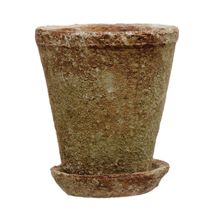 DF4221  Cement Planter w/ Saucer, Distressed Terra-cotta Finish, Set of 2 (Holds 4" Pot)