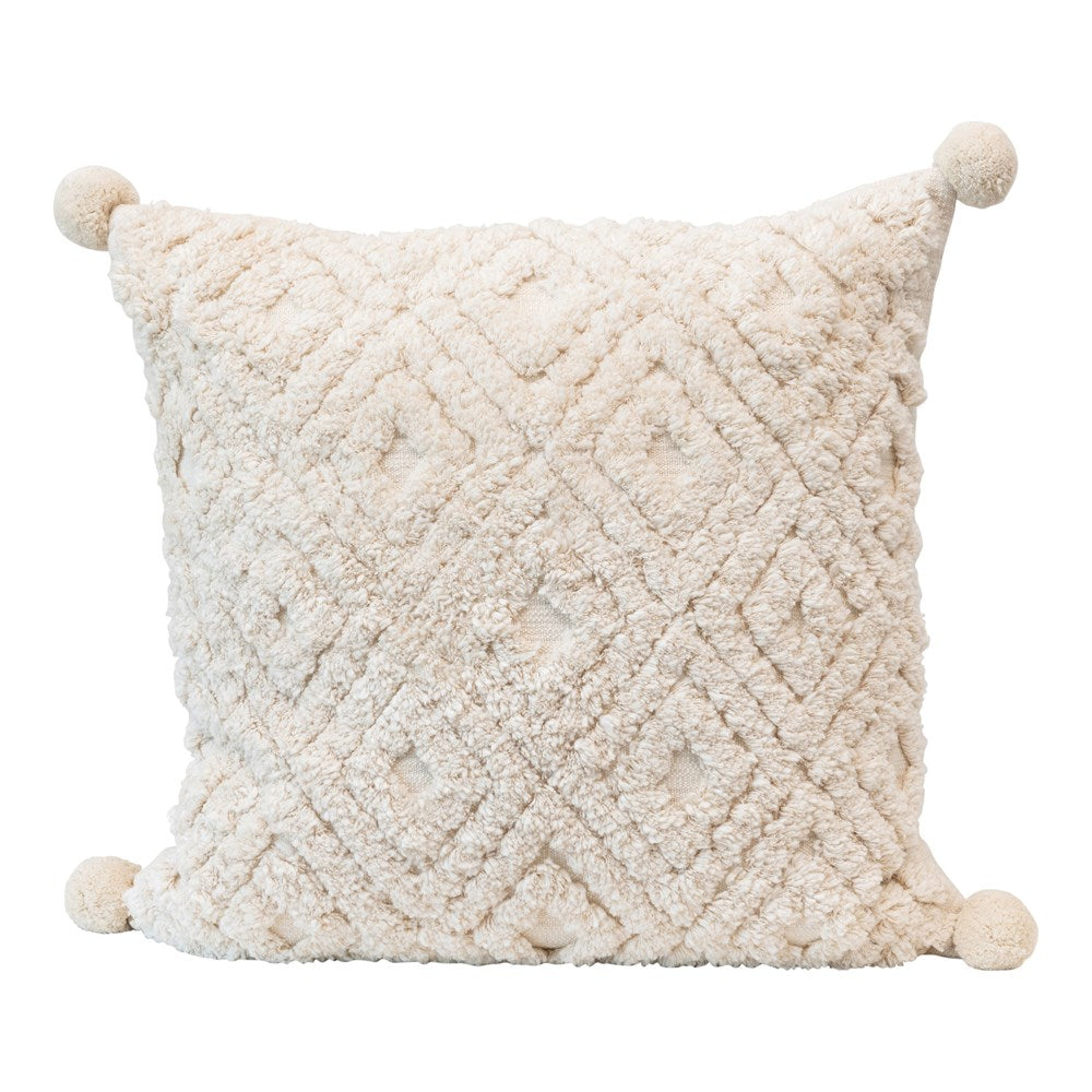 DF4589  24" Square Cotton Tufted Pillow w/ Pom Poms, Cream Color SKU: