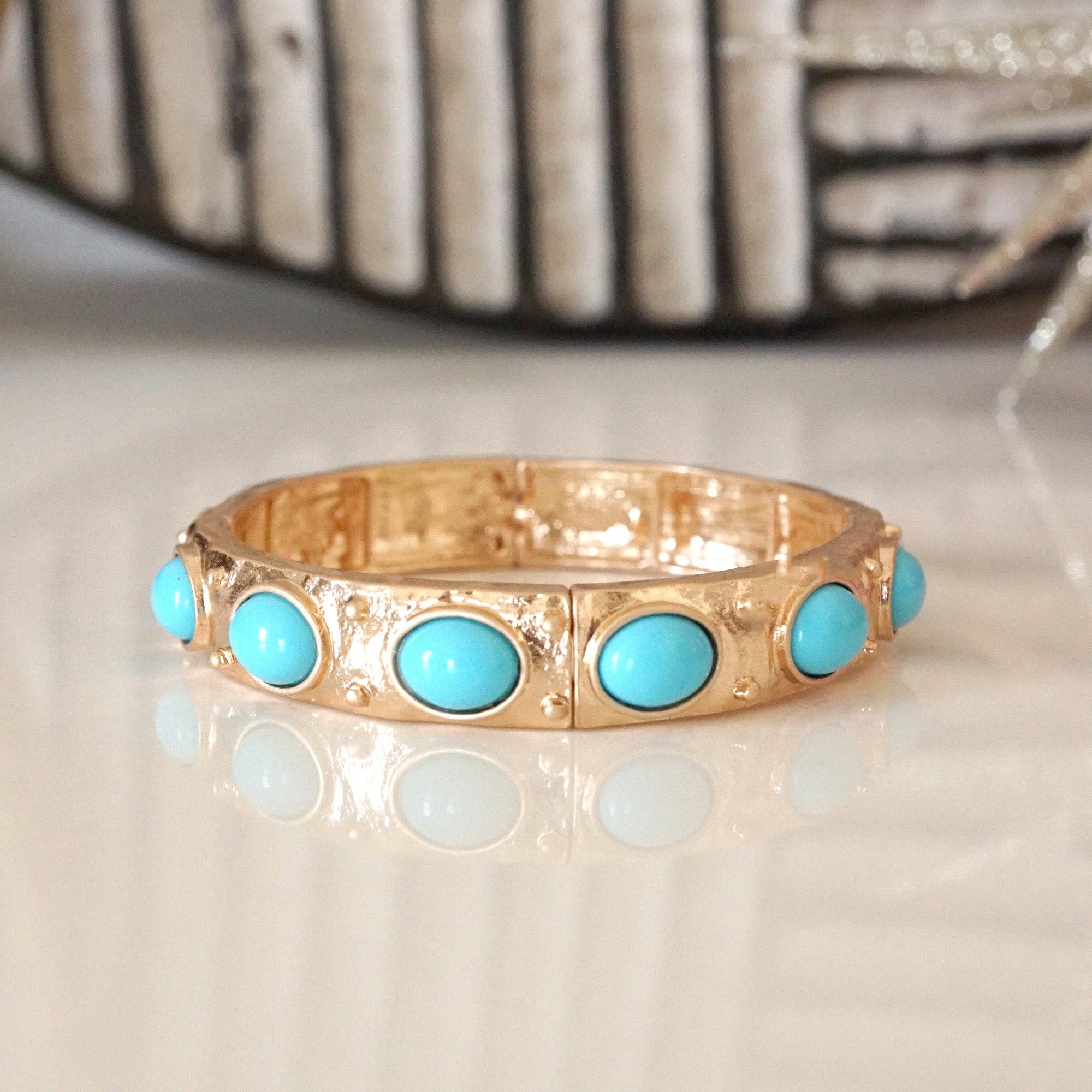 Classic Golden Stretchy Bangles – Pearl or Turquoise Accents