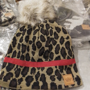 LL Leopard Beanie with red stripe