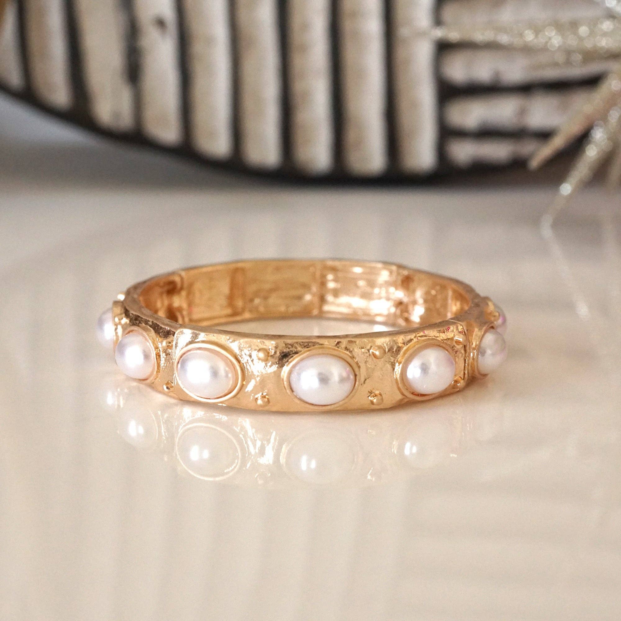 Classic Golden Stretchy Bangles – Pearl or Turquoise Accents