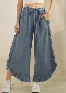 Denim ruffle pant