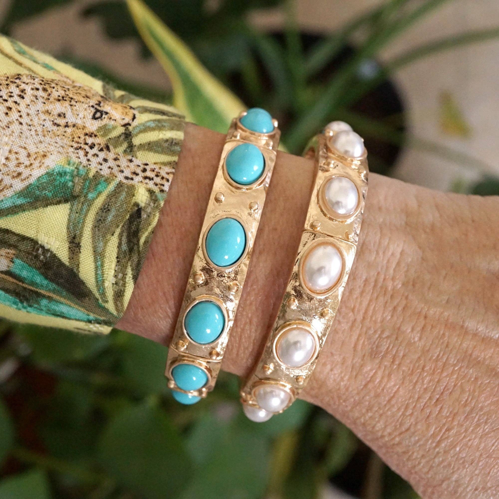 Classic Golden Stretchy Bangles – Pearl or Turquoise Accents