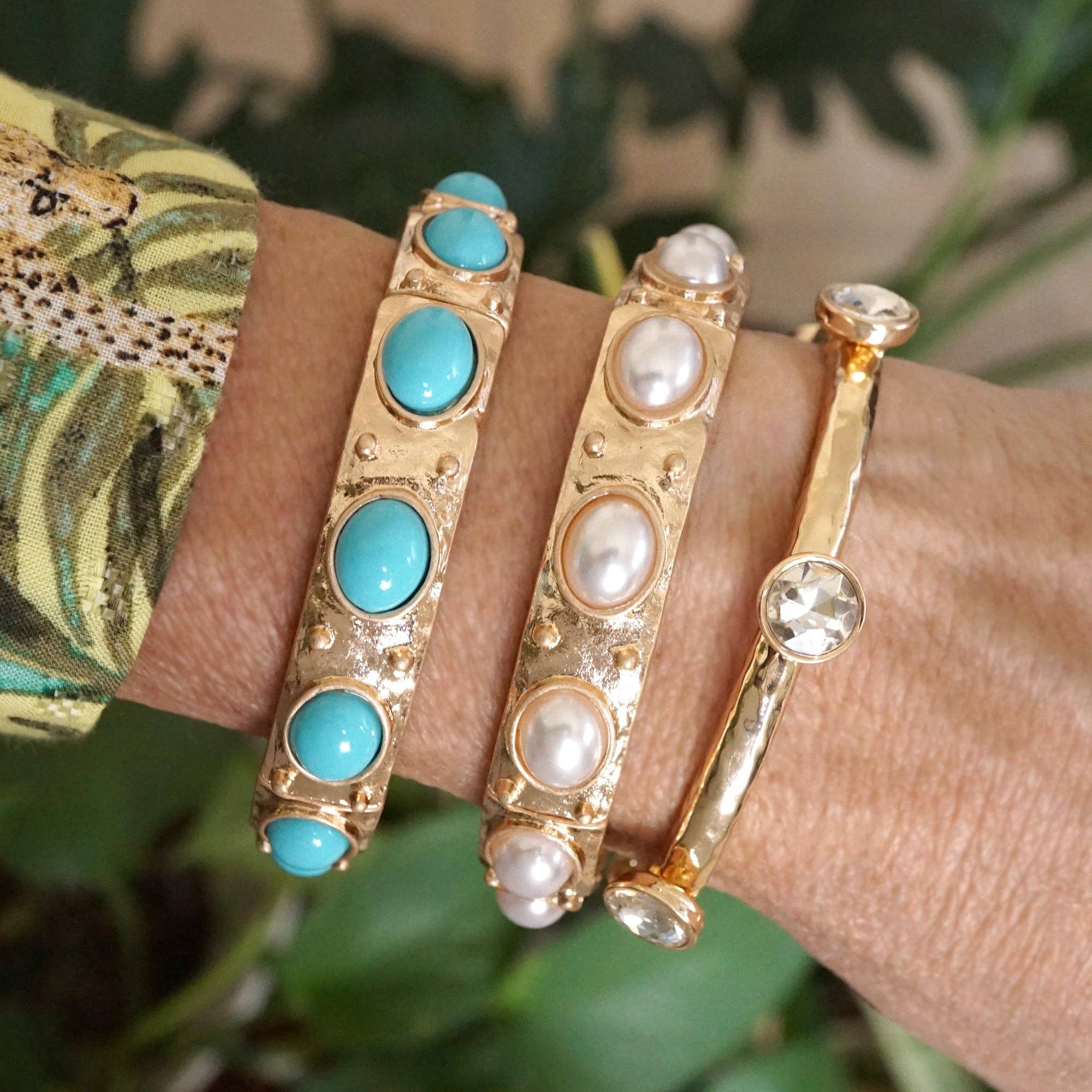 Classic Golden Stretchy Bangles – Pearl or Turquoise Accents