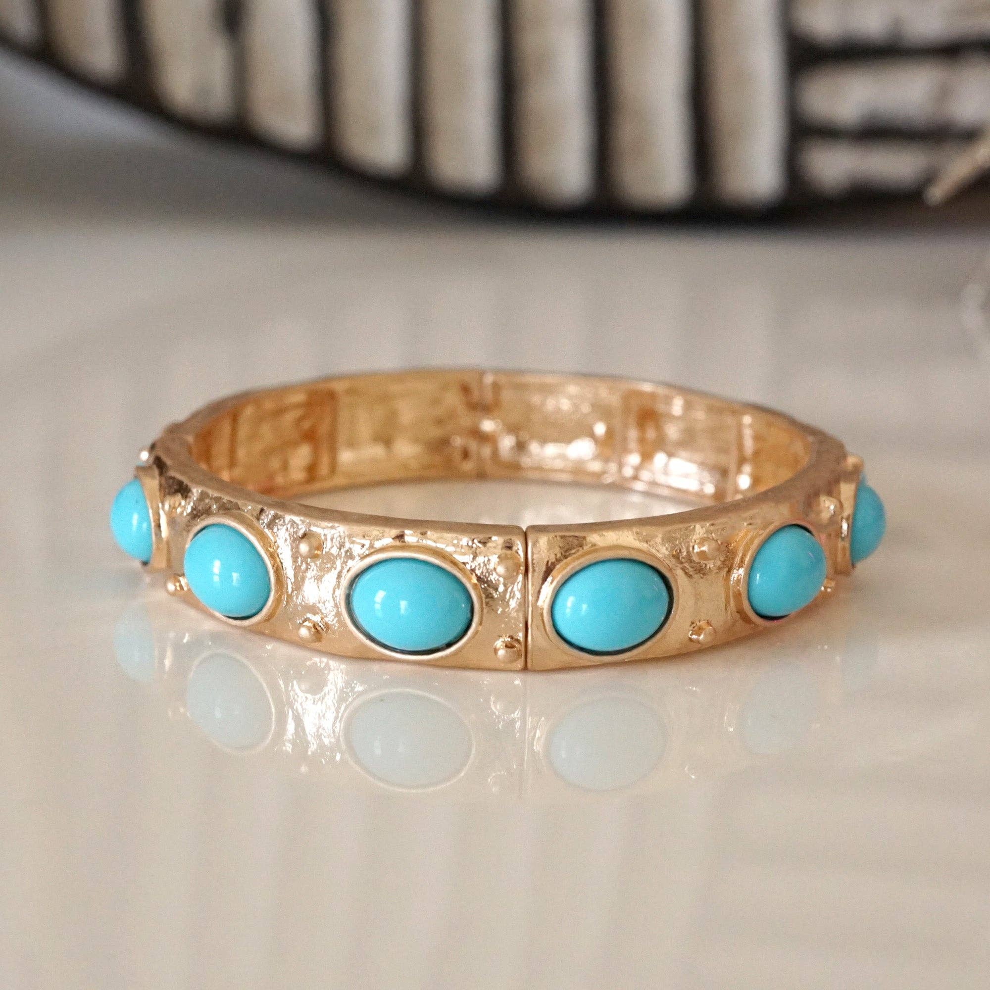 Classic Golden Stretchy Bangles – Pearl or Turquoise Accents
