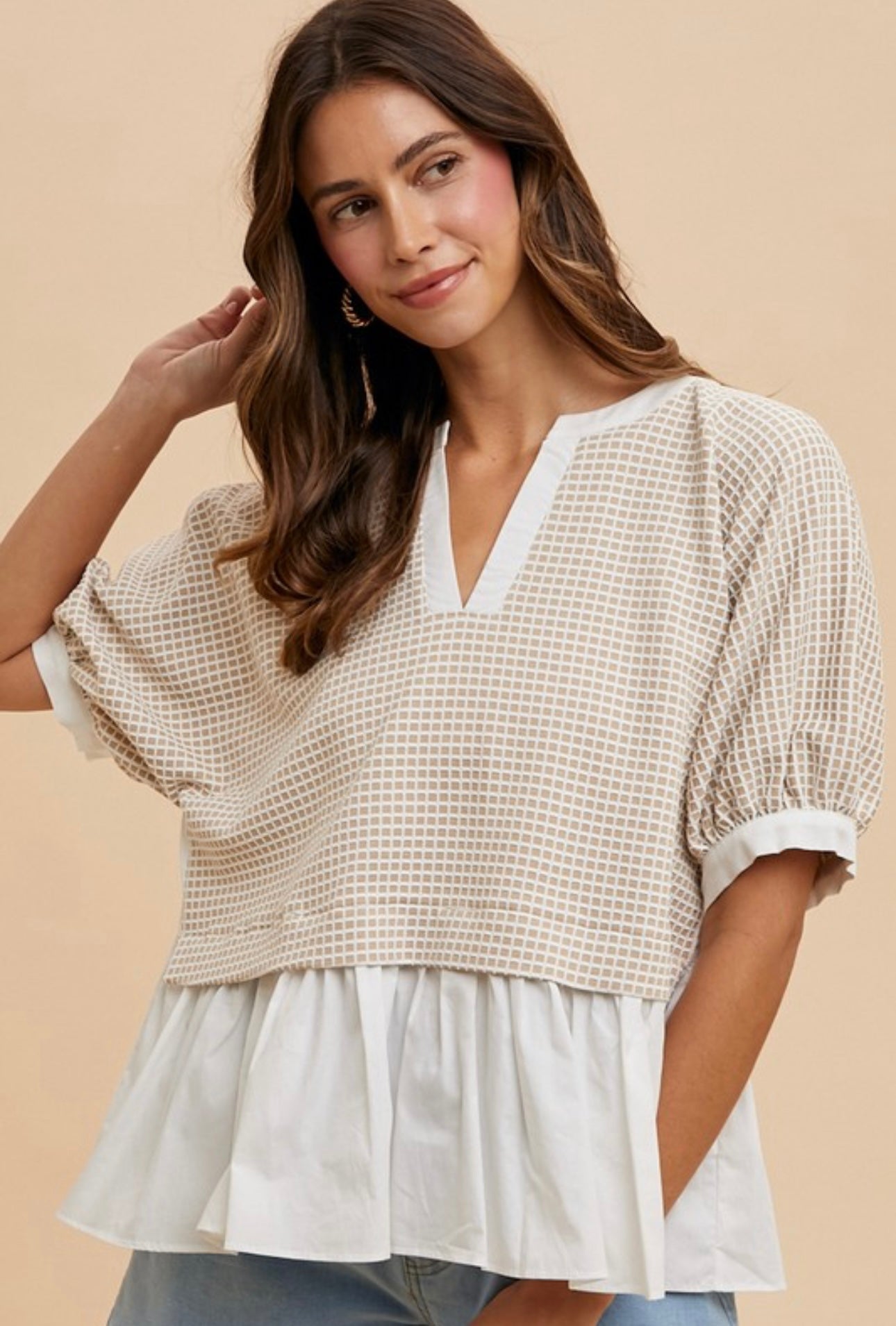 Annie Oatmeal Check Top  S  M  L  XL