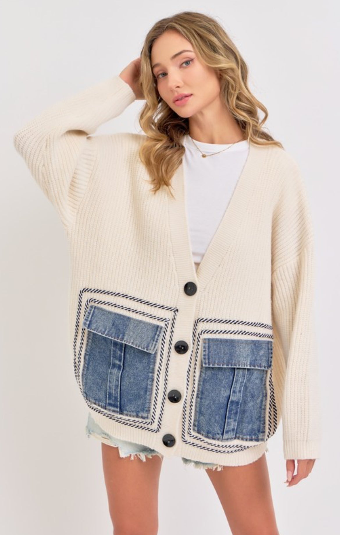 Knit and Denim Cardigan
