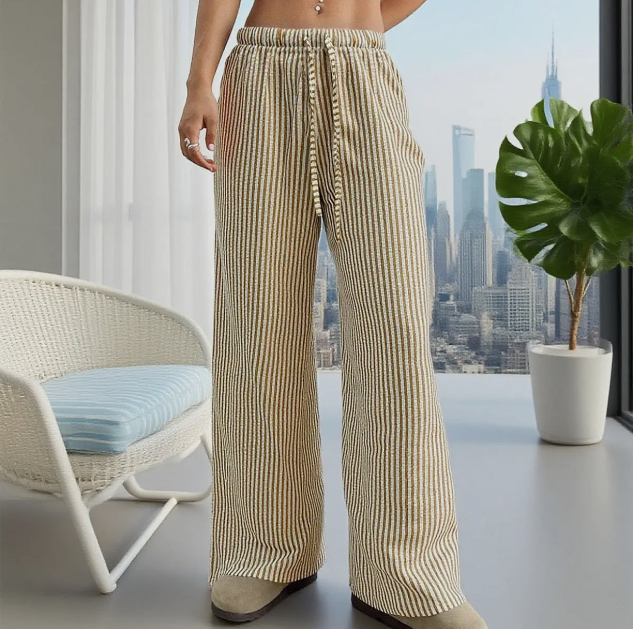 Striped Wide-leg Pant Tan