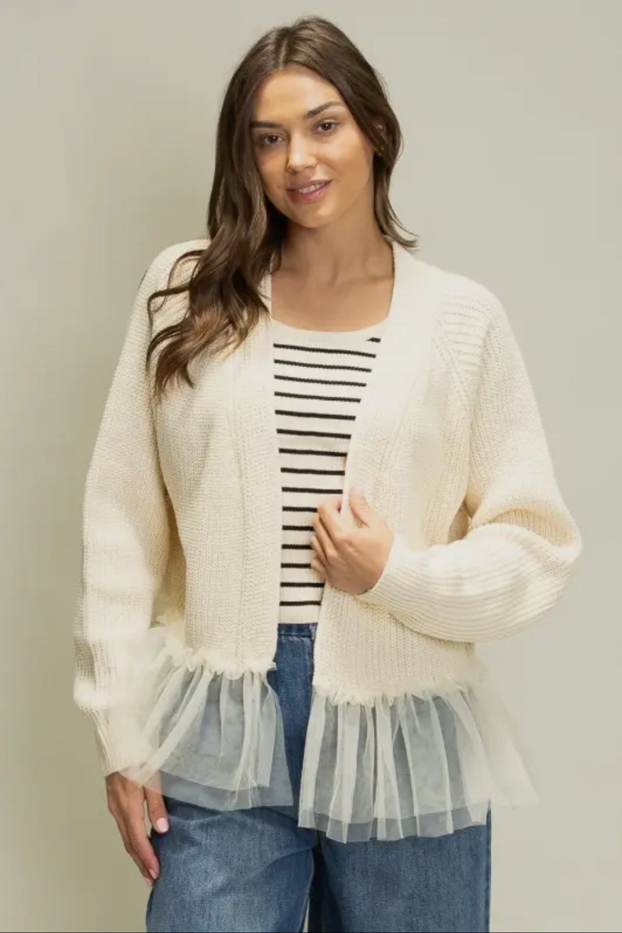 Tulle Hem Cardigan White