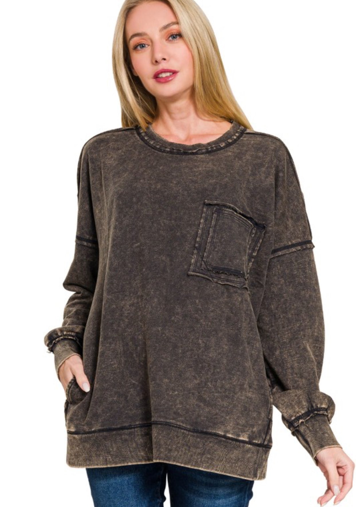 Acid Wash Front Pocket Pullover- Black