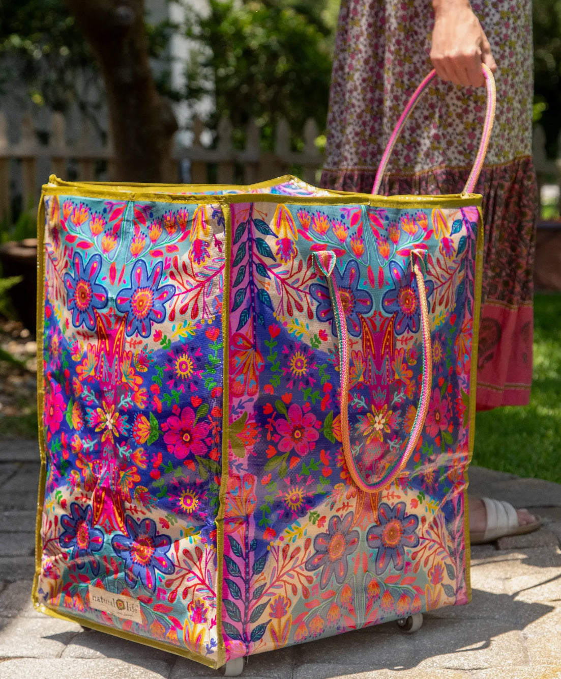 Rolling Tote Bag- XL Blue Folk Flower