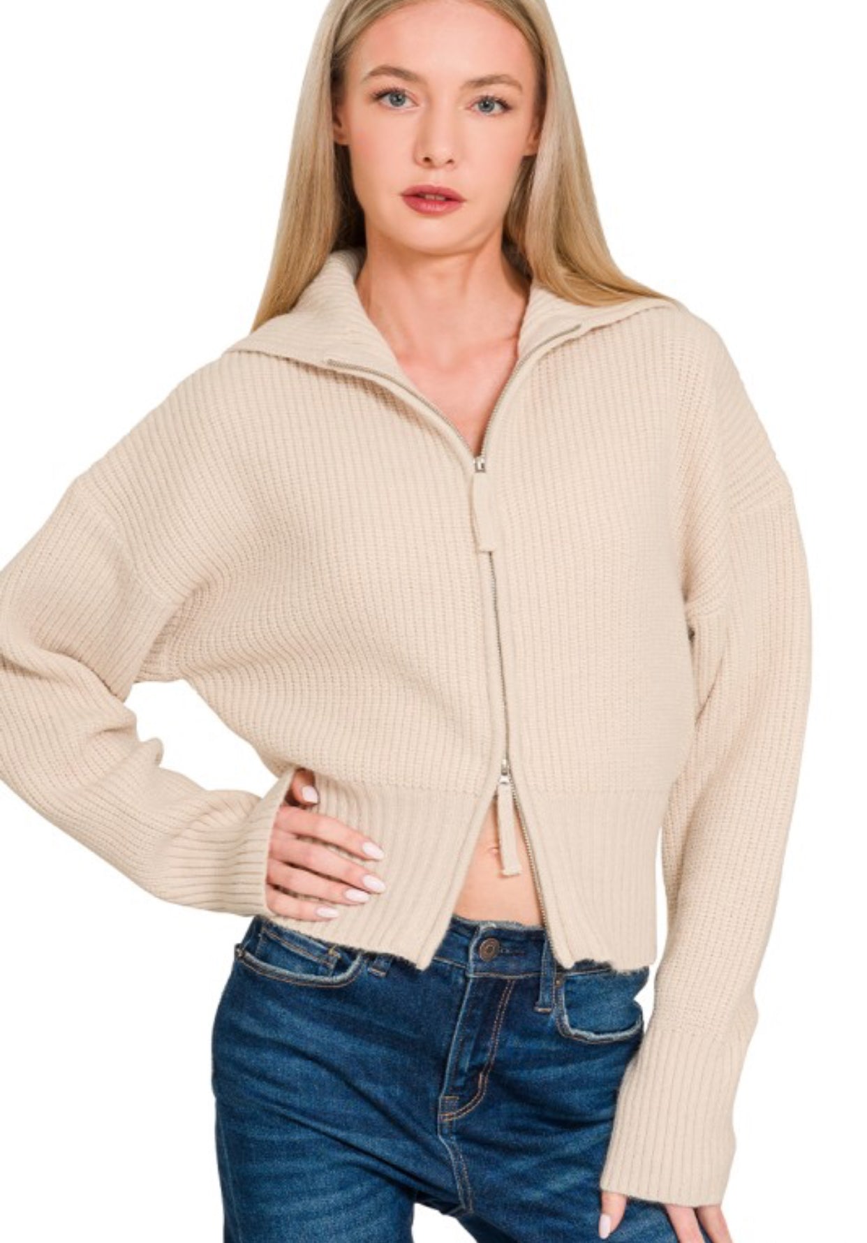 Double Zip Sweater-Beige