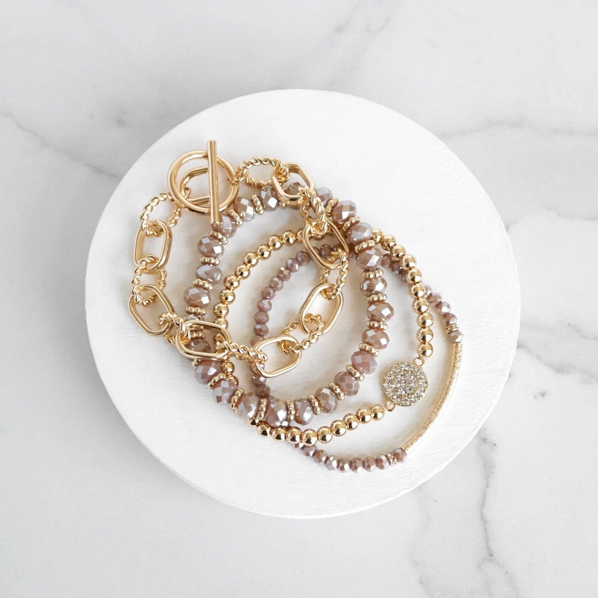 Beaded Bracelets set of 4 Blush Pink Glass Beads with Gold crystal paved sparkly bracelet Metal bead Toggle