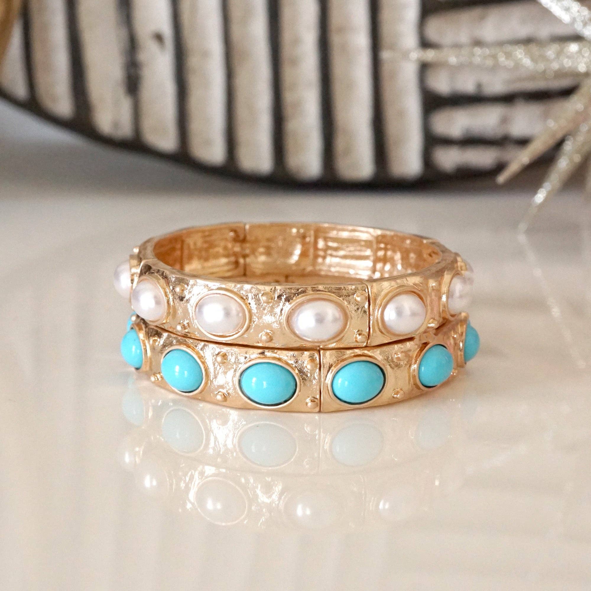 Classic Golden Stretchy Bangles – Pearl or Turquoise Accents