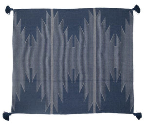 Woven Throw with Aztec Pattern and Tassels, Blue
