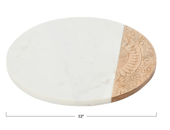 DF4994  Round Marble and Hand-Carved Wood Serving Board