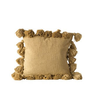 18" Square Cotton Woven Slub Pillow w/ Tassels, Mustard Color DF0666