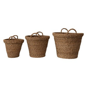 Hand-Woven Seagrass Baskets with Handles, Set of 3