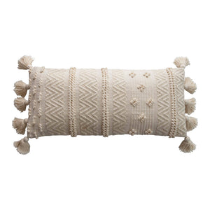 36"L x 16"H Woven Cotton Lumbar Pillow w/ Pom Poms, Cream Color
