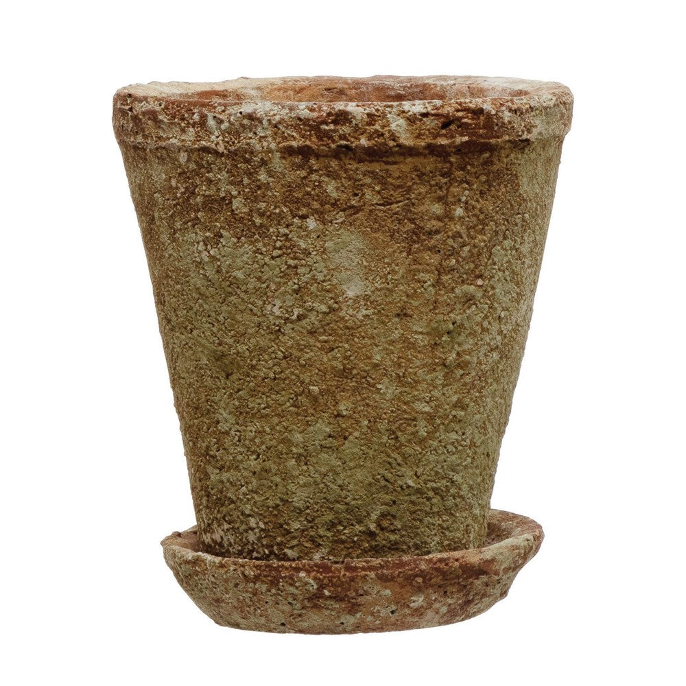 Cement Planter w/ Saucer, Distressed Terra-cotta Finish, Set of 2 (Holds 4" Pot)