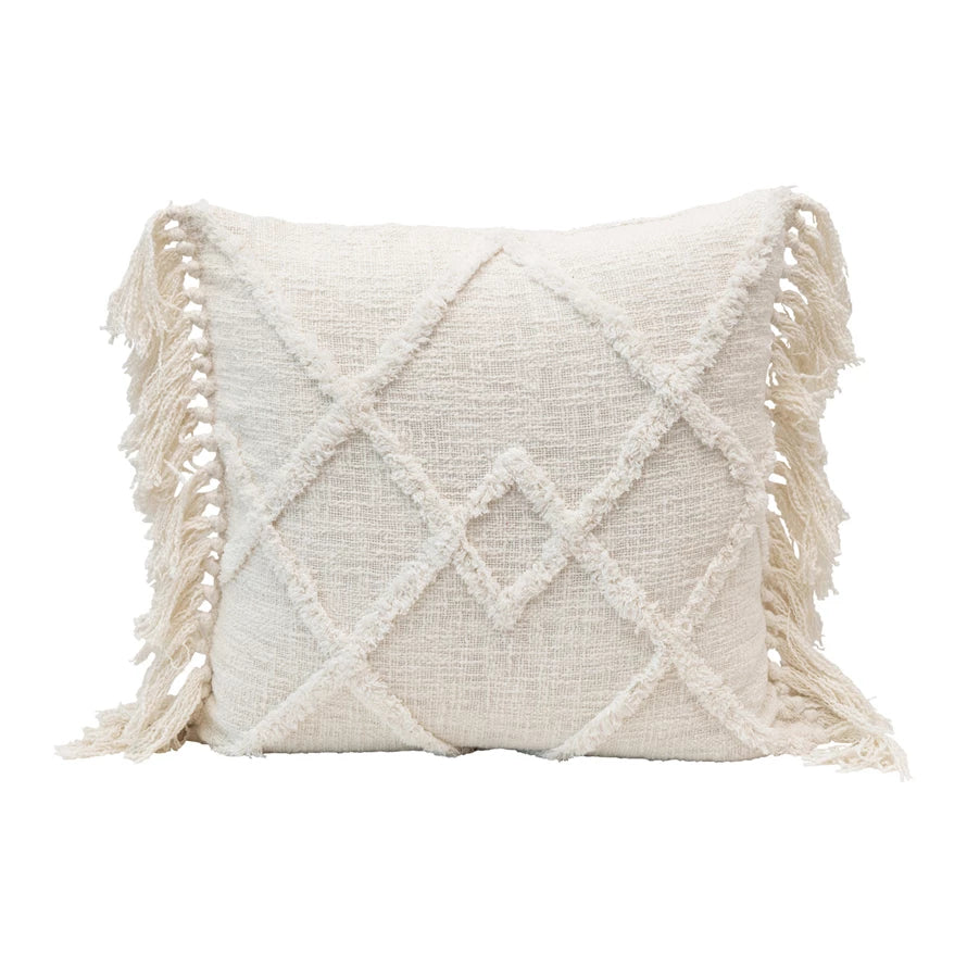 DF4564   20" Cotton Blend Pillow w/ Tufted Pattern & Fringe, Polyester Fill