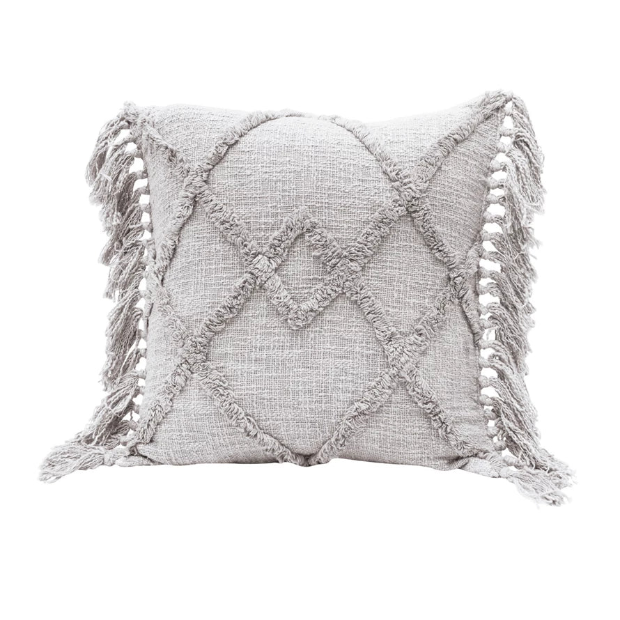 DF4566   20" Cotton Blend Pillow w/ Tufted Pattern & Fringe, Polyester Fill