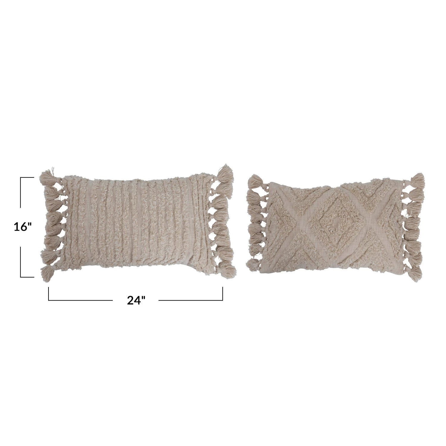 24" x 16" Woven Cotton Slub Lumbar Pillow w/ Tufted Design & Tassels, 2 Styles, Polyester Fill