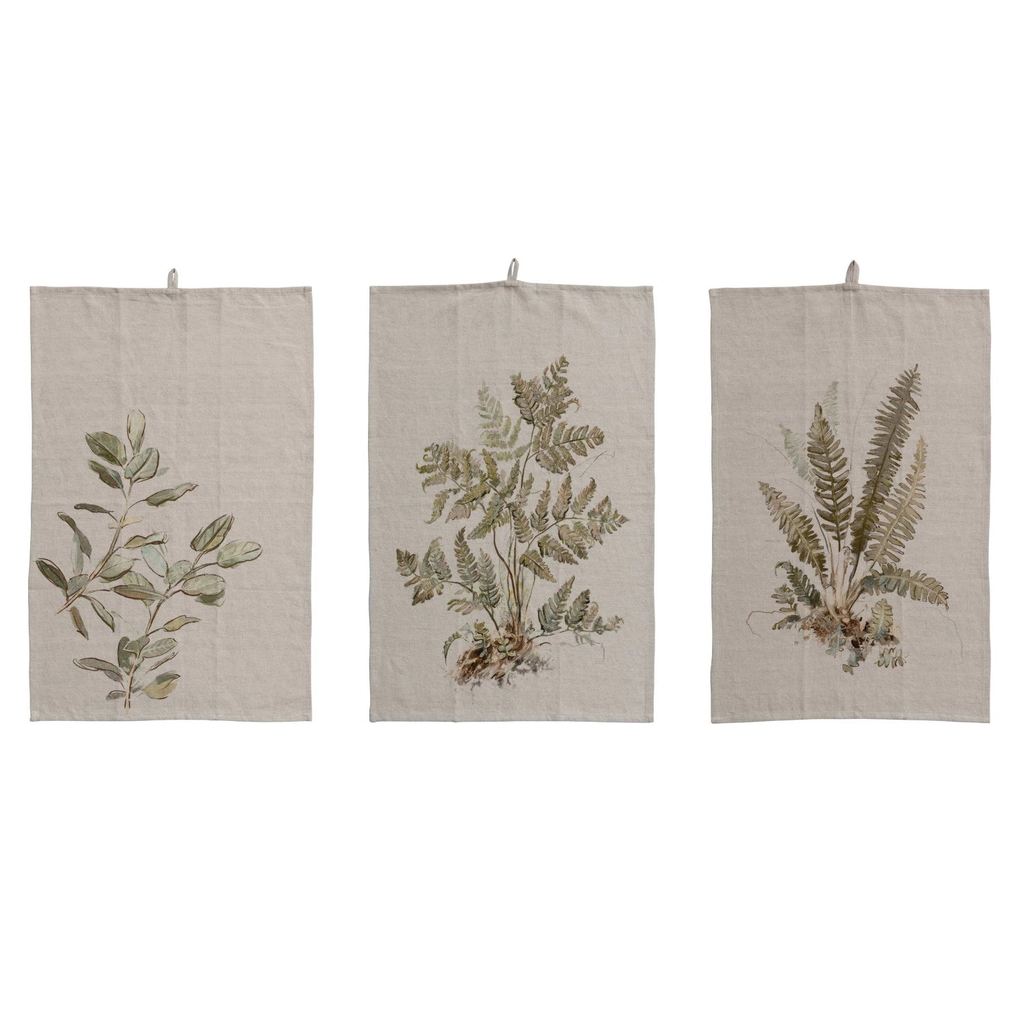 Cotton & Linen Printed Tea Towel w/ Botanical Image & Loop, 3 Styles